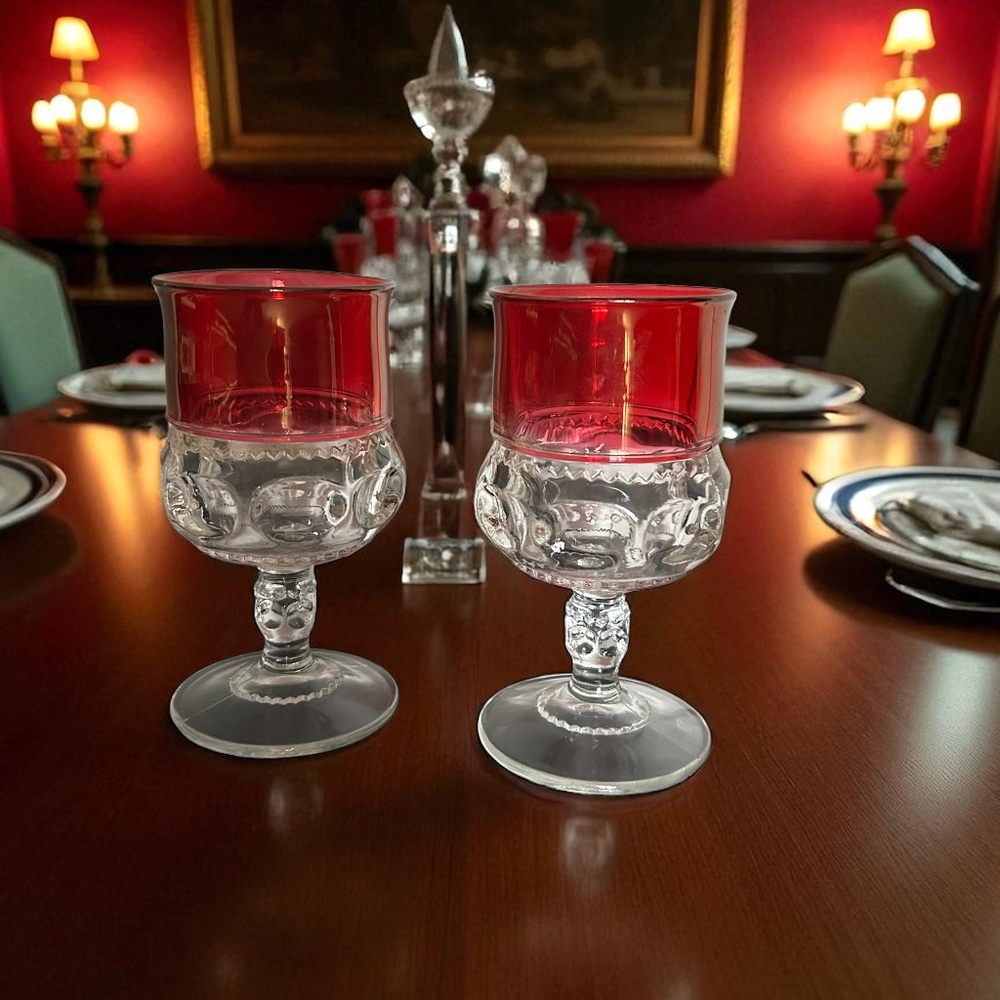 Pair of Vintage King’s Crown, Red Flash Goblets by Tiffin